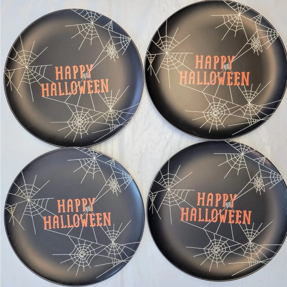 4 ct Lot Hyde & Eek Melamine Dinner Plates Happy Halloween Spiderwebs 10” Set